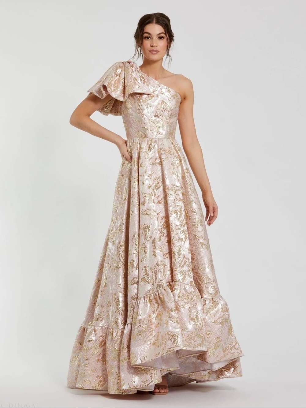 Mac Duggal 27546 Pink Brocade One Shoulder Floral Gown With Bow Size 4 NWT